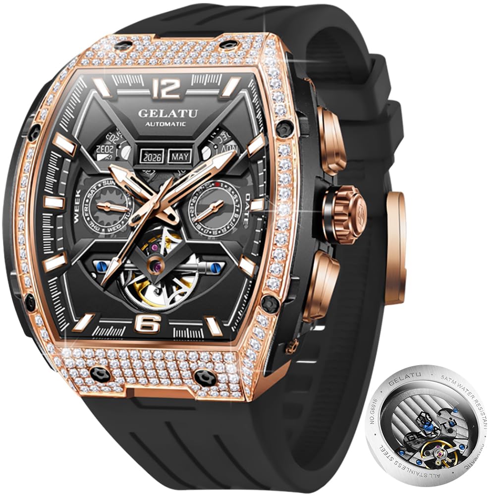 OLEVS GELATU Men Watch Automatic Tonneau Watch Skeleton Mechanical 50M Waterproof Sapphire Crystal Square Face Multi Calendar Tourbillon Male Watches