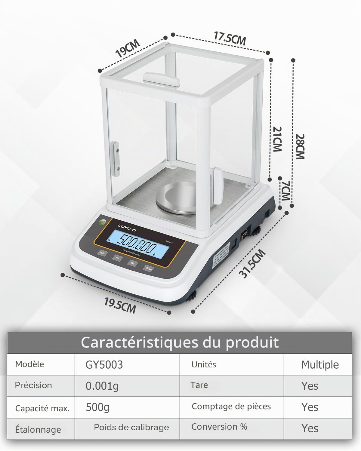 Balance de Precision 0,001 g, Balance Électronique de Laboratoire de Haute Précision Équipée d'un Pare-vent, Idéale pour l'industrie, les Aliments, les Bijoux et la Pesée de l'or 500 g x 0,001 g