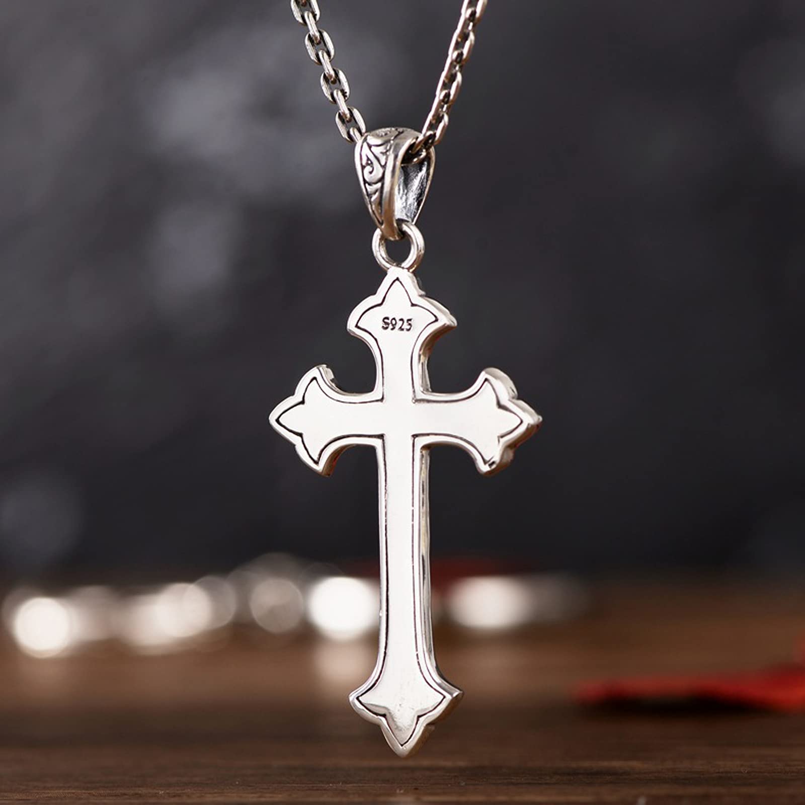 MINGDIAN 925 joyería de Plata esterlina Plata Vintage jesús Antiguo patrón de ratán Cruz Colgante de Moda para Hombre