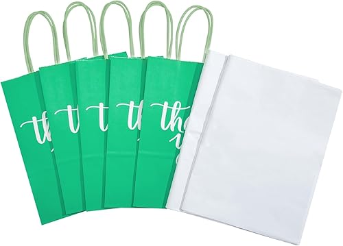 Miniatura 7 de DjinnGlory Paquete de 50 pequeñas bolsas de regalo de papel verde de agradecimiento con asas de 9 x 5.5 x 3.15 pulgadas y 50 hojas de papel de seda
