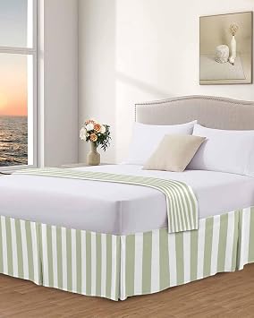 Sage Green Striped Bed Skirt Queen Size 16 Inch Drop Bed Frame Cover, Modern Farmhouse Sage Green White Stripes Sheet & Wrap Around Bed Skirts Dust Ruffle for Queen Bed with Split Corner
