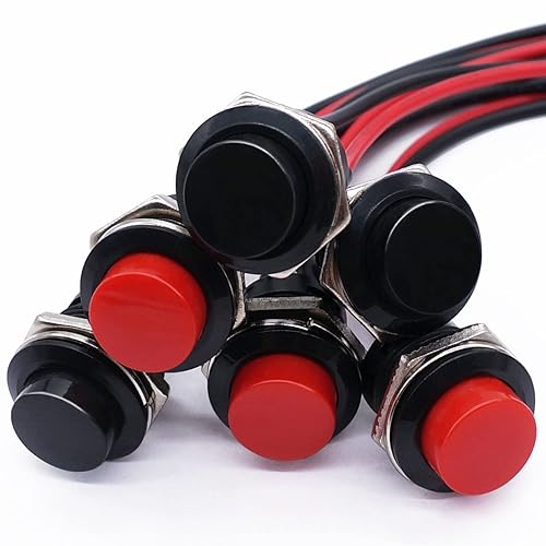 Twidec 6 unids SPST interruptor de botón momentáneo AC250V3A AC125V6A Mini apagado (ON) ON Negro + Rojo con cables pre-soldados R13-507BKR-X