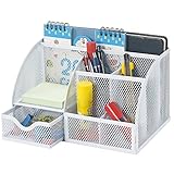 Bonsaii Steel Mesh Desk Organizer, 6 Divided Compartments with 1 Slide Drawer, White (W6348)