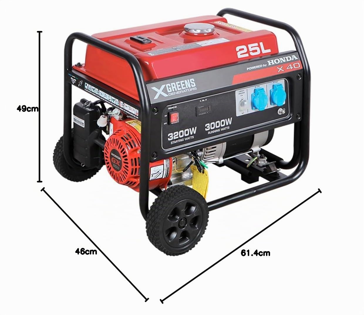 Generador de corriente (gasolina) X40 (máx. 3.000W, depósito 25 l, AVR, Powered by Honda, ruedas, alerta aceite, monofásico, 2 tomas 230V, protección térmica y panel digital)