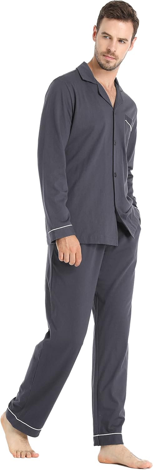 MOLISOHO Men's Pajama Set Cotton Sleepwear for men pajamas for men Long Sleeve Pajama Top and Bottom Lounge Set Medium Dark Gray