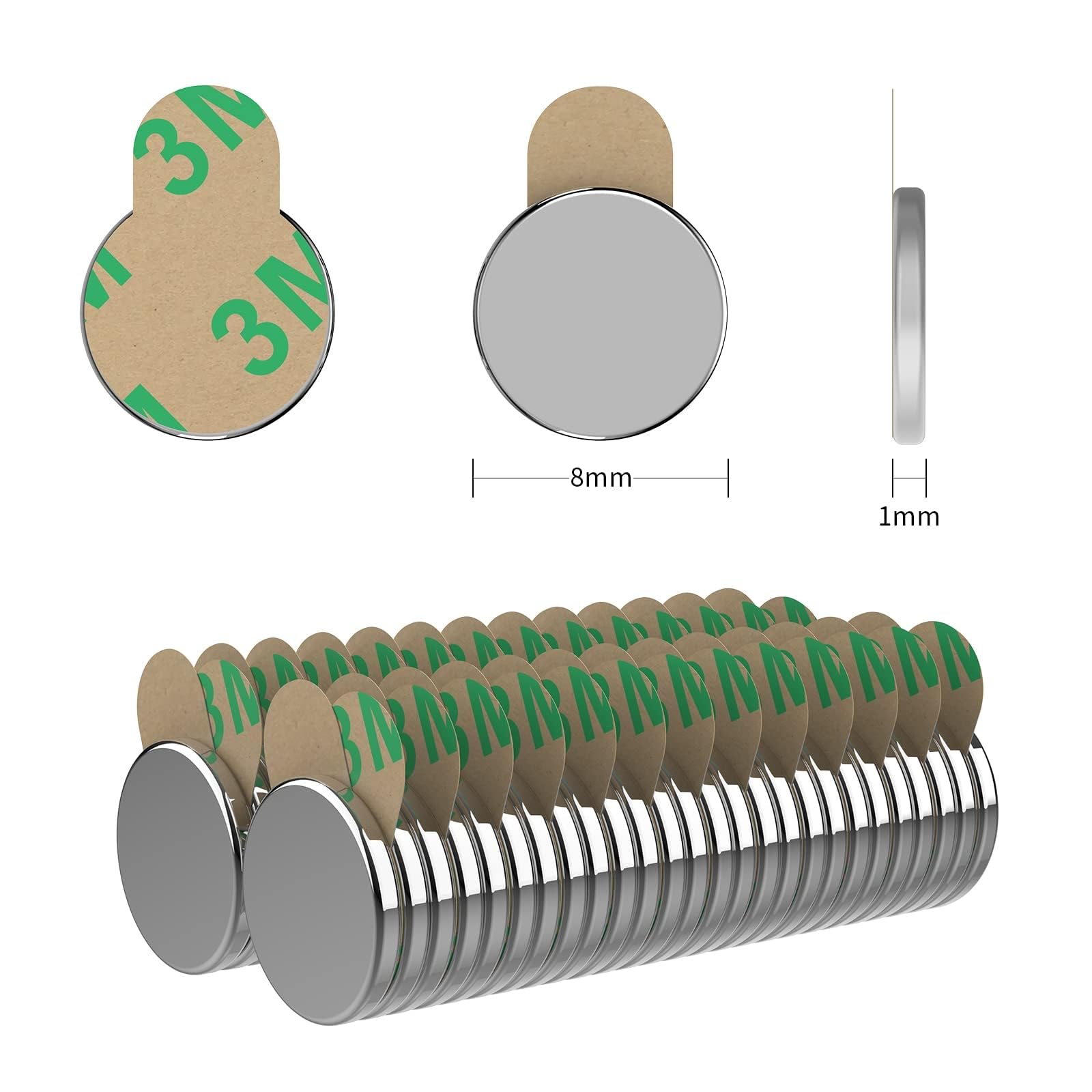 Magnetpro 50 imanes Adhesivos de neodimio de 8 x 1 mm, Mini imanes Adhesivos magnetizados en Pares para presentación, pizarras magnéticas y hogar (8x1 Adhesivos)