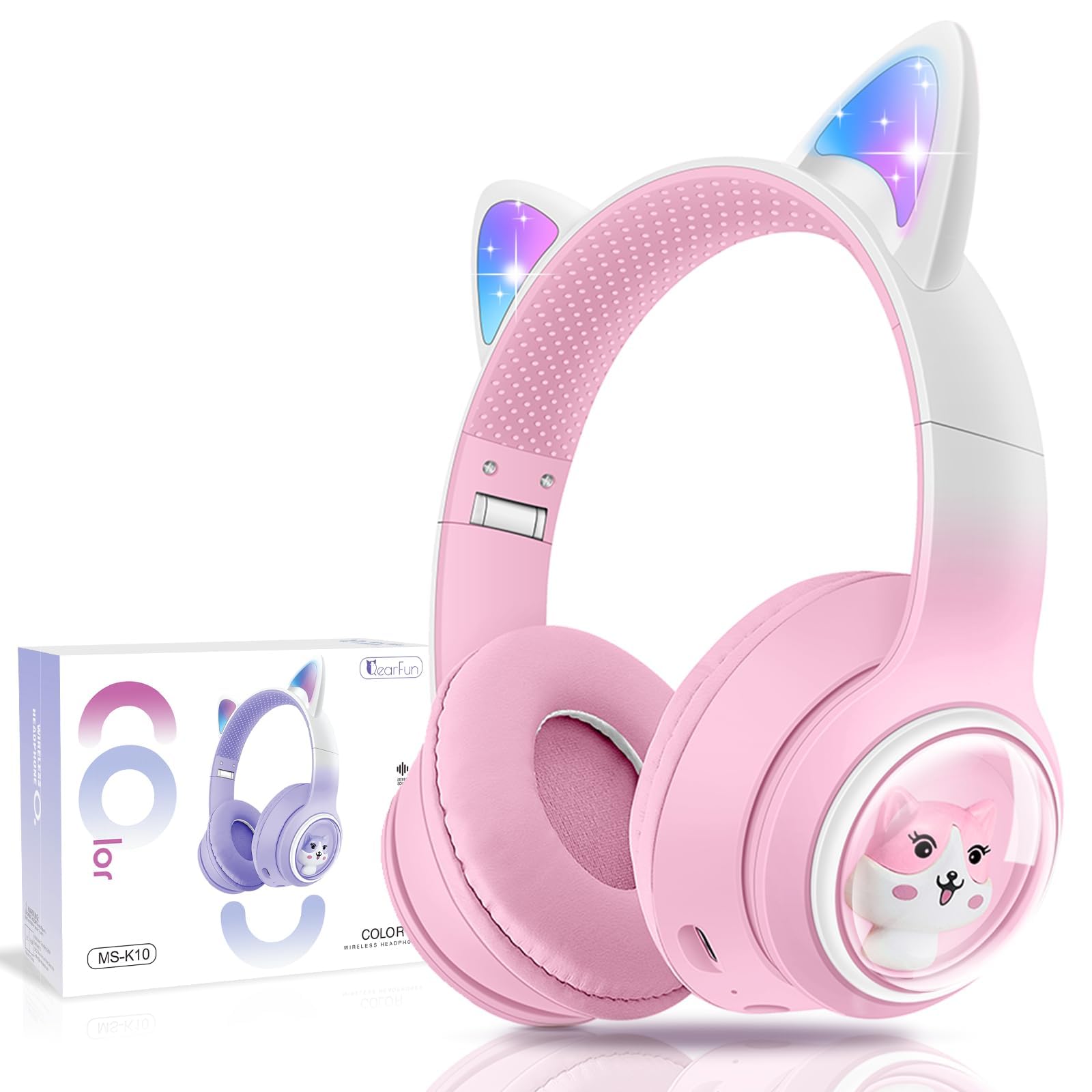 QearFun Cat Headphones for Girls Kids for School, Kids Bluetooth Headphones with Microphone & 3.5mm Jack, Teens Toddlers Wireless Headphones with Adjustable Headband for ipad/Tablet/PC（Pink）