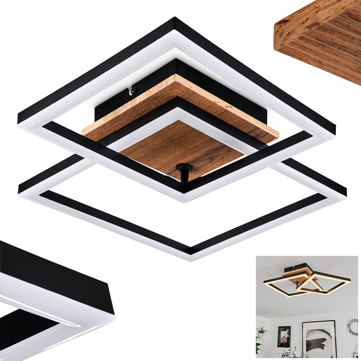 Plafonnier LED Walschbronn, plafonnier en métal/MDF/plastique noir/imitation bois/marron/blanc, abat-jour orientable, 1200 lumens, 3000 K, 1 x LED 18 watts