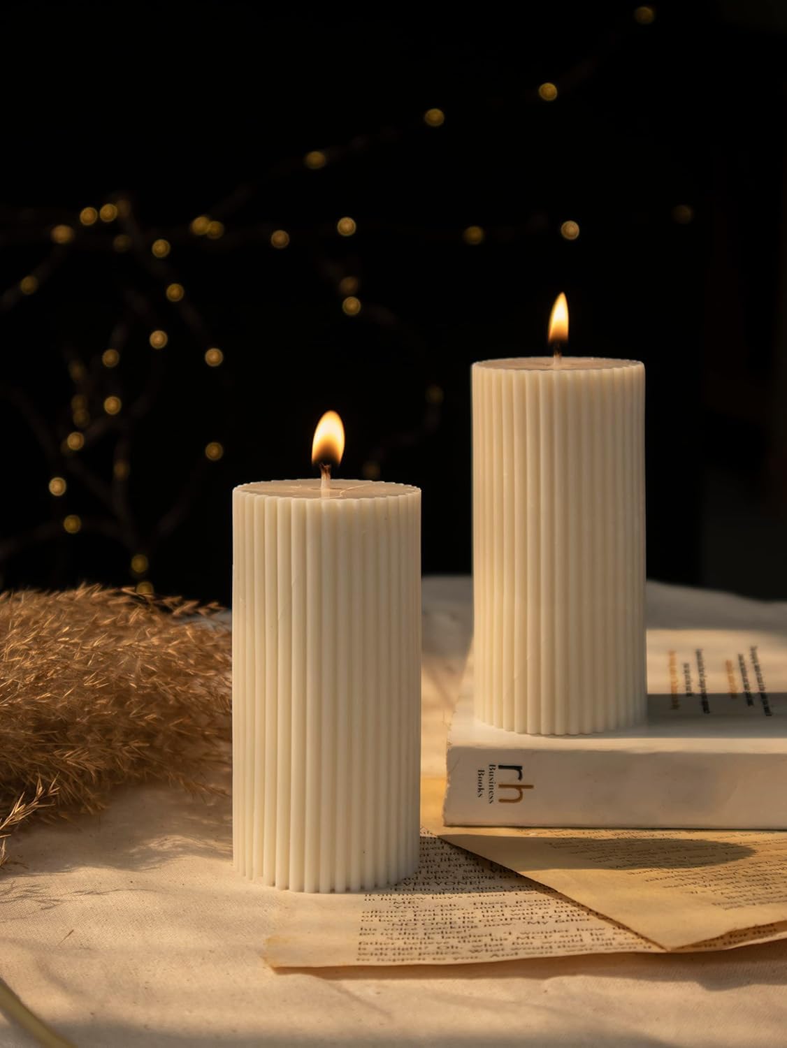 KSG CREATION Decorative Ribbed Pillar Candles, White, Set of 2, Premium Wax Size 11cm*3cm