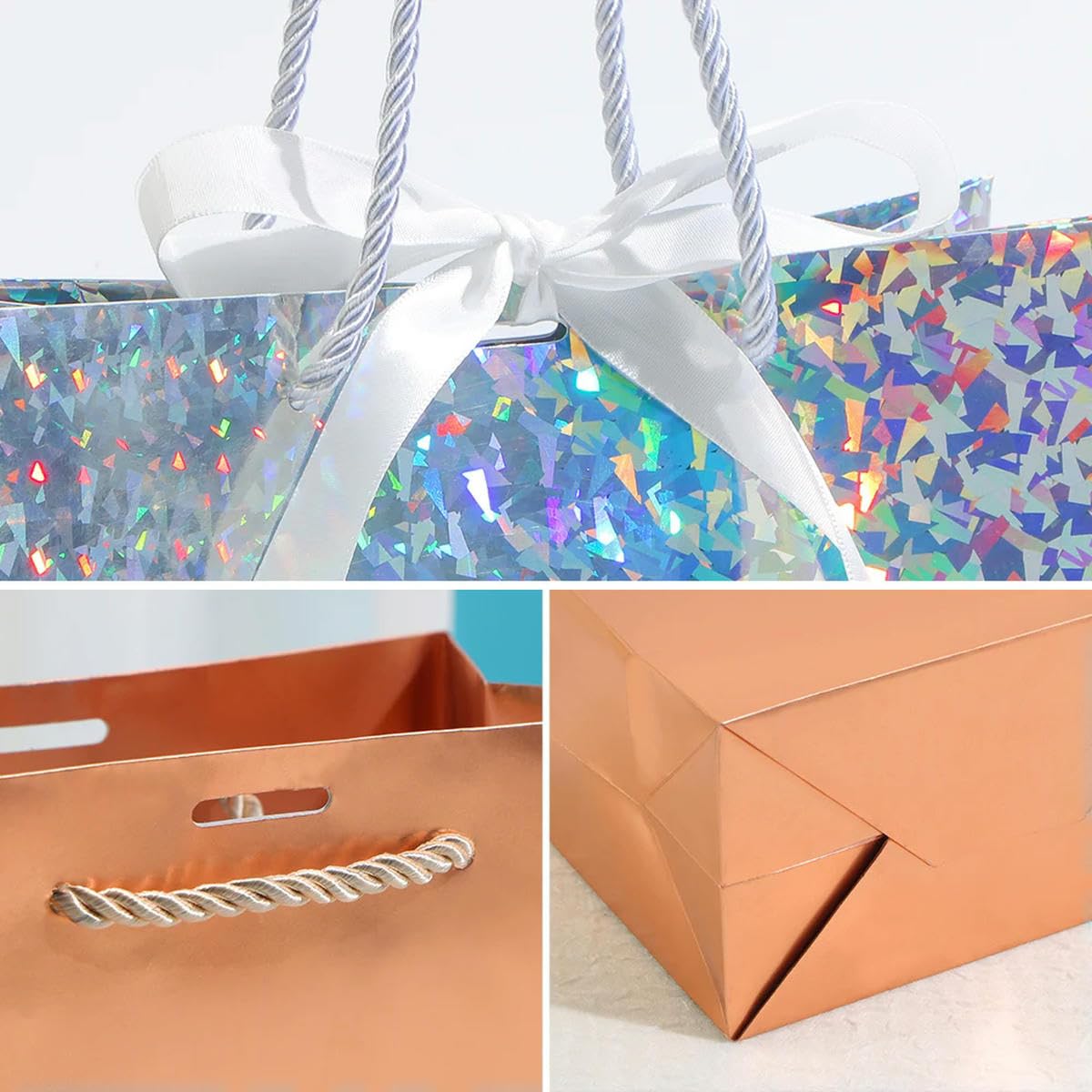 Bolsa de papel para regalo con láser, para fiestas navideñas, embalaje de cartón dorado y plateado, pequeña bolsa de papel personalizable, cuadrícula plateada, láser, 30 unidades, 11,5 x 4,5 x 10 cm