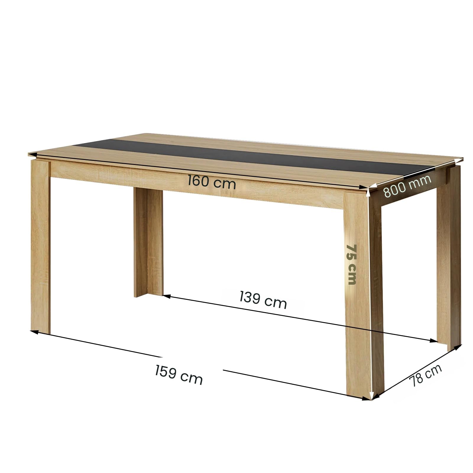 Ensemble de salle à manger rectangulaire en chêne - Table de 160 cm + 6 chaises noires ergonomiques