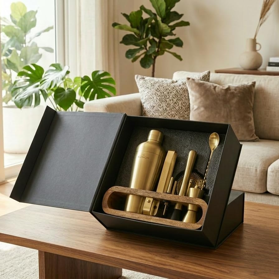 Image of Car-O-Bar Gold Bar Set with Stand |10 pc Bartender kit for Home & Bar: Cocktail Shaker, Bar Spoon, Jigger, Muddler, Strainer, Wine & Beer Bottle Opener, 2 Pour Spouts, Tong, Wooden Stand with Handles