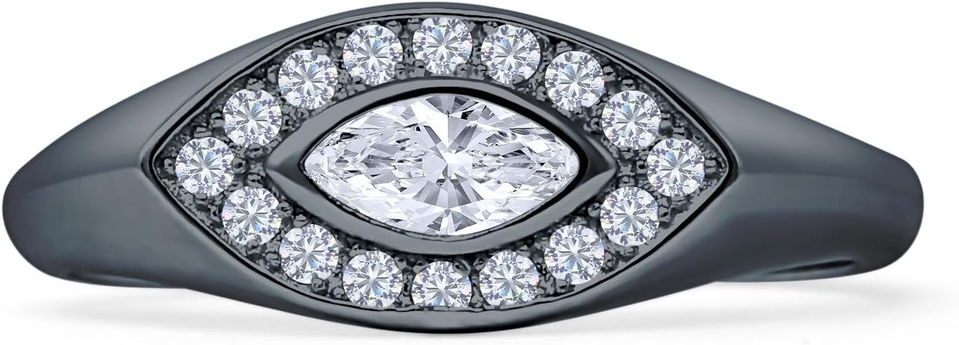 Blue Apple Co. Art Deco 7.4mm Marquise Cubic Zirconia Evil Eye Ring Vintage Style Nature Inspired Statement Wedding Engagement Rings For Women 925 Sterling Silver Gift For Her