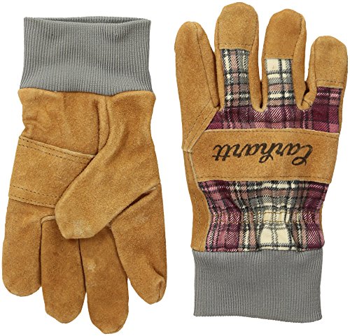 Carhartt Women's Suede Work Glove with Knit Cuff, Wild Rose Plaid, M