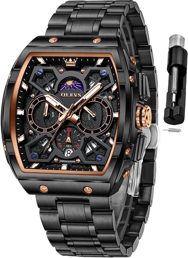 OLEVS Men Watches Business Dress Chronograph Big Square Quartz Analog Male Watch Silicone Strap Waterproof Date Gift Mens