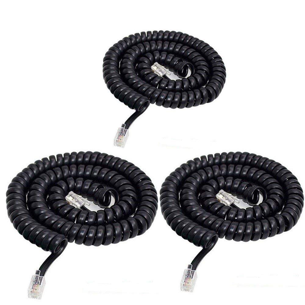 13ft Telephone Handset Cord, 3 Pack, Black, RJ11 4P4C, Coiled to 13ft, Noise-cancelling, Compatible with Telephone/Handset
