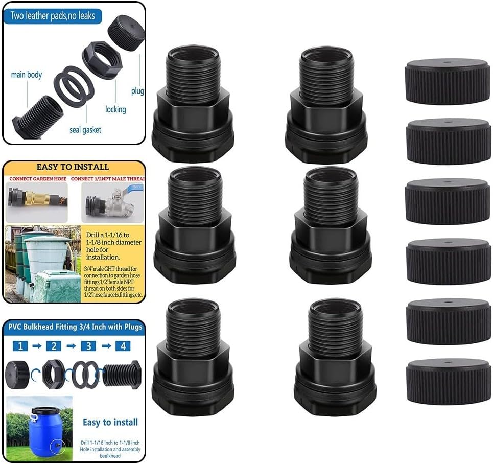 6 Pack Bulkhead Fitting 3/4 Inch Male GHT x 1/2 Inch Female NPT, Hose Threaded Connector Tank Aquarium Pond, Black
