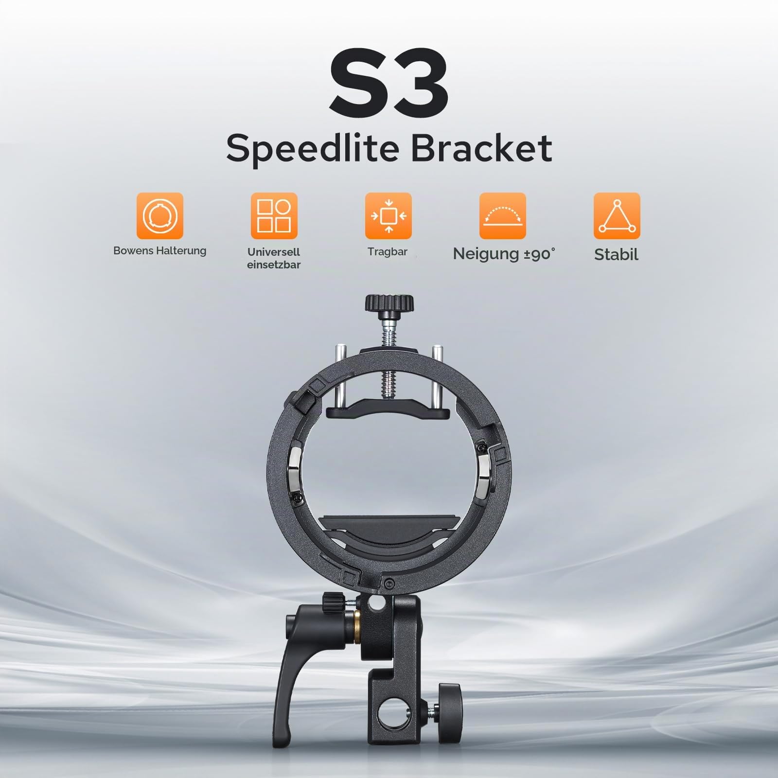 Godox S3 Bowens Mount Blitzhalterung, kompakt & leicht mit ±90° Neigung, rutschfeste Silikonpolsterung für stabilen Aufbau, für AD300/AD200/AD100 Outdoor-Blitz, für V100/V1Pro/V1/V860III Speedlite