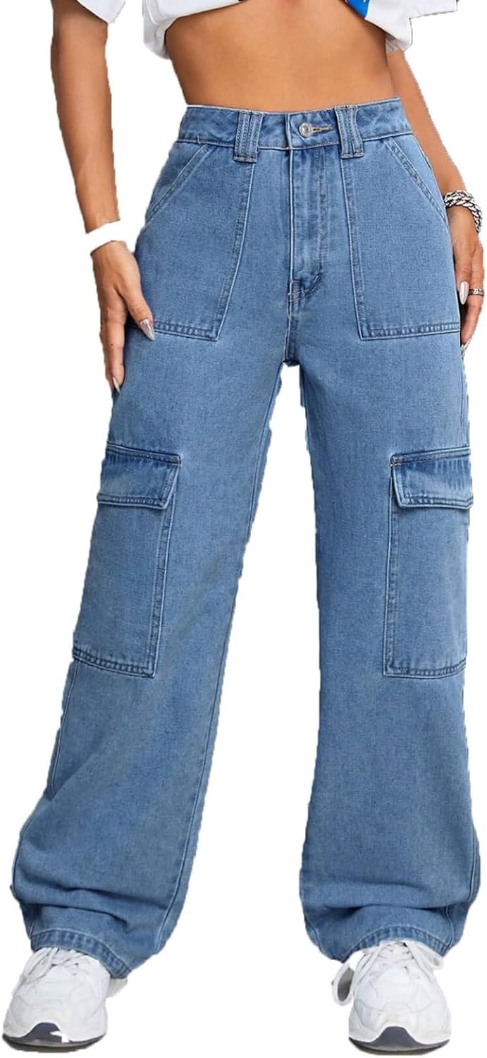 BestGirl Women's Baggy Jeans Pull On Stretchy Loose High Waisted Wide Leg Denim Pants Y2K 90s