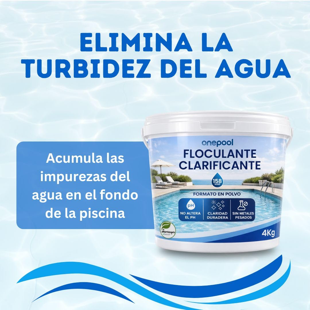ONEPOOL Floculante en Polvo 158 Dosis 4 kg | Clarificador para Agua Turbia | Mejora la Filtración y Transparencia | Compatible con Piscinas Desmontables y Enterradas