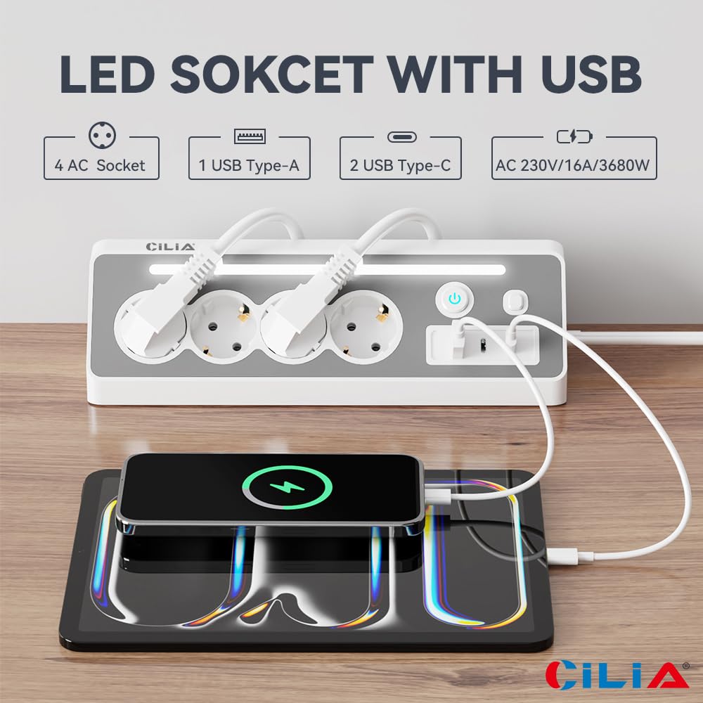 CILIA Ciabatta Elettrica Angolare 90° con 4 Prese Schuko,2 Type-C +1 USB, Protezione Sovratensioni, Luce LED, Interruttore On/Off, 3680W 16A, Cavo 1.5m, Interruttore On/Off, per Cucina Ufficio Casa