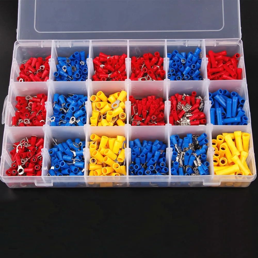 Juego de 1200 conectores de cable de pala aislados surtidos, terminales de crimpado for cables eléctricos, rojo, azul y amarillo.