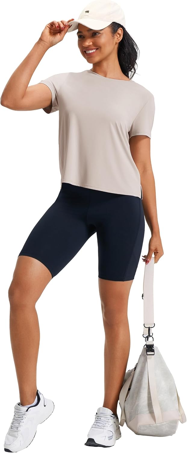 Ice Silk Women's Short Sleeve Workout Shirts Loose Fit Side Slits Athletic Tee Tops - Image 4