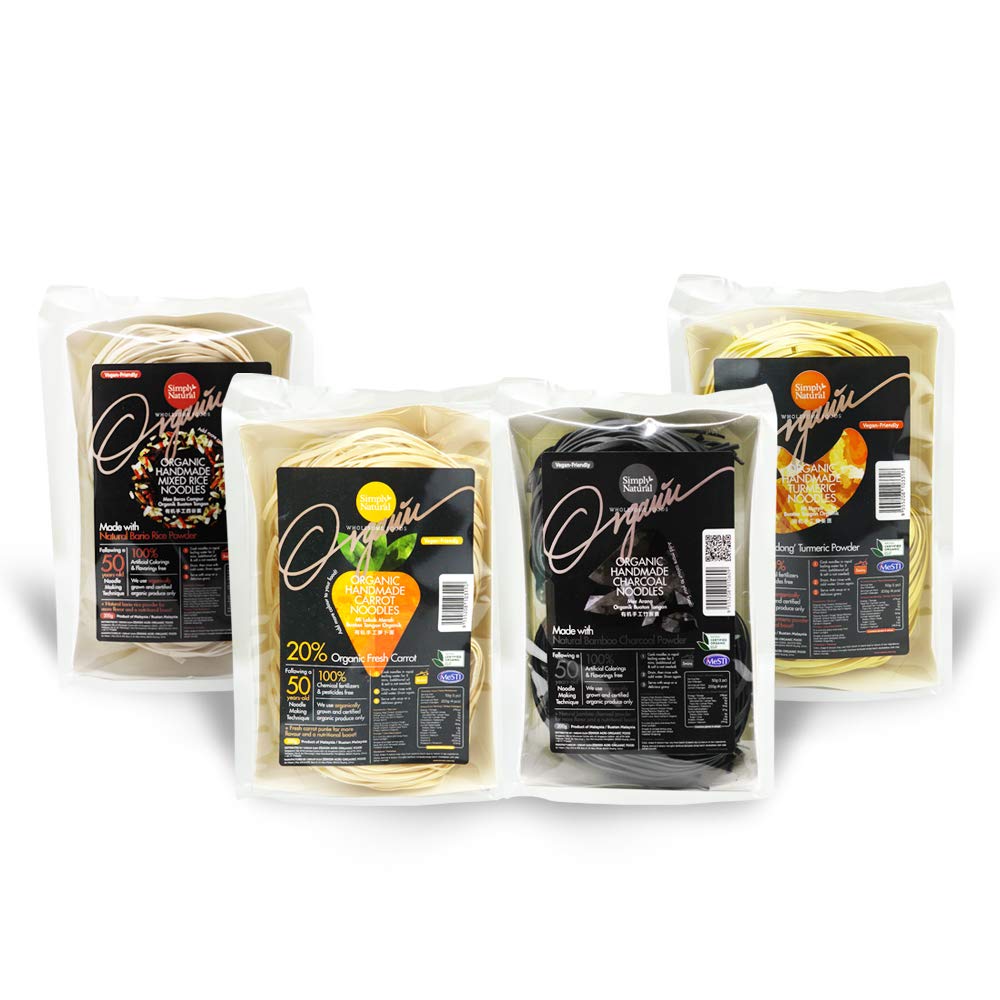 4 Flavor Variety Pack Zenxin Organic Handmade Carrot, Charcoal, Mixed Rice & Turmeric Noodles, Made from Fresh Vegetable Puree With NO Preservatives and Artificial Colourings.