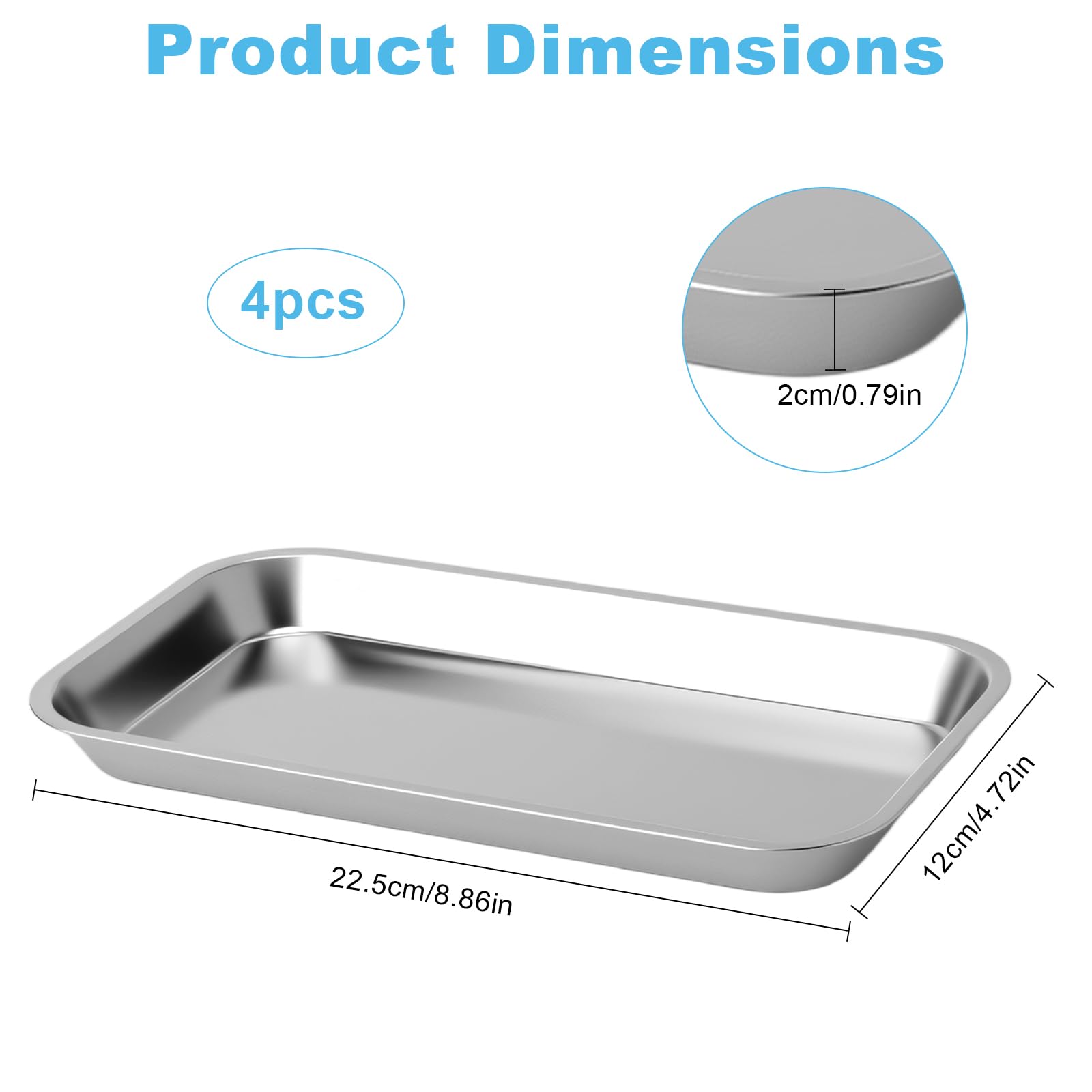 Bandeja de Acero Inoxidable Rectangular Set 4PCS para Laboratorio Clínica Dental