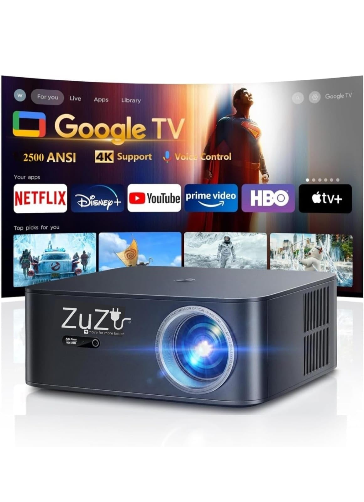 Zuzu New Updated Nov 2025 Smart 4K 3D 2500 ANSI, Voice Control, Android WiFi BT with HDMI-ARC USB Certified Google TV Home Ceiling Auto Focus Dolby Projector-image-11