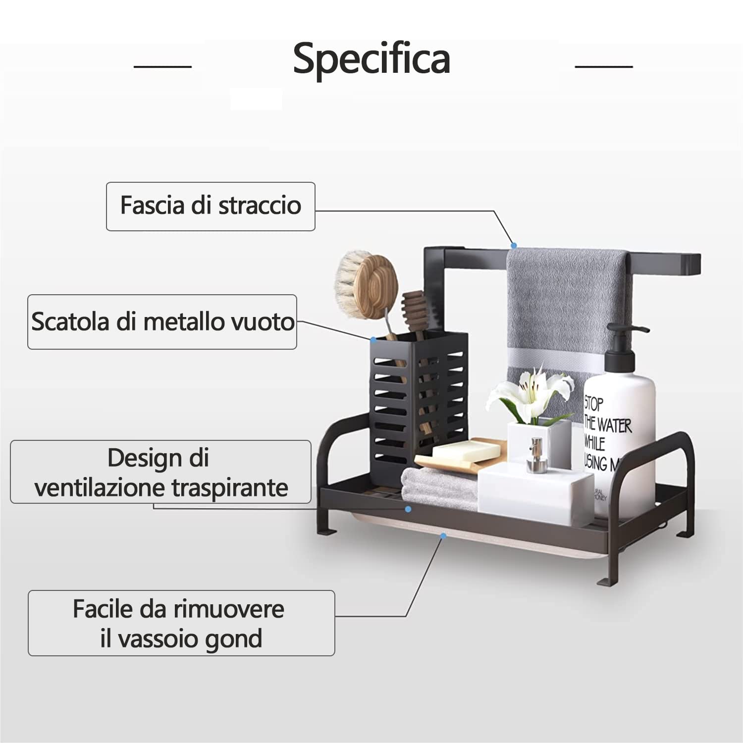 COVAODQ Contenitore Da Cucina In Acciaio Inox Per Lavello, Porta Spugna Con Vassoio Scolatoio Rimovibile, Nero - 5