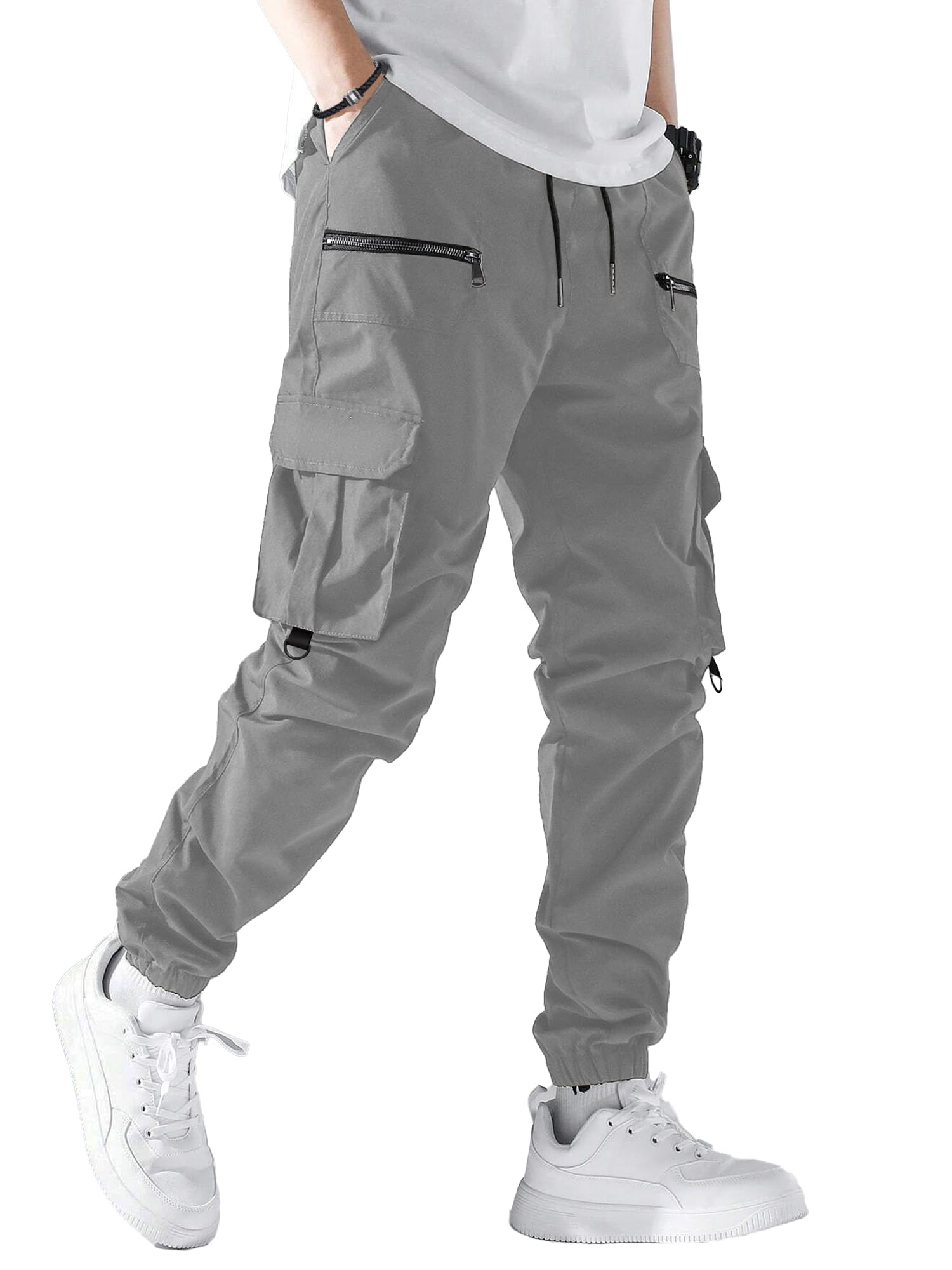 PLEPAN Mens Casual Cargo Pants Elastic Waist Drawstring Joggers Pants Tapered Sweatpants for Men Multi Pockets