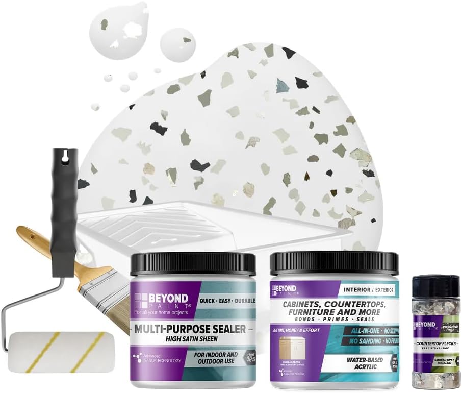 Beyond Paint Smoked Gray Flecks Countertop Makeover Kit with Paint, Sealer, Flecks, and Tools for Countertops, Bright White