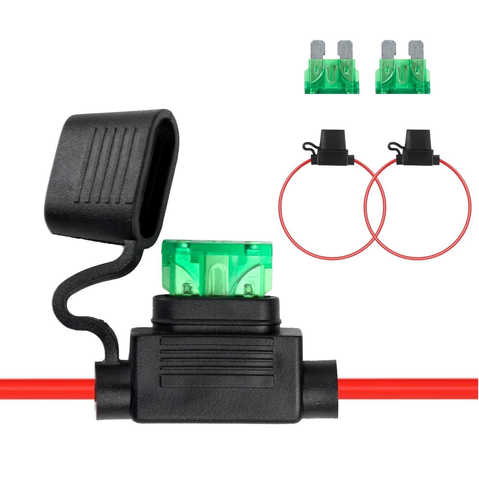 Inline Fuse Holder, 12 AWG Waterproof Blade Fuse Holders with Caps, Includes 30A Fuses, Copper Wire, Ideal for Car, Truck, Motorcycle, Boat (2)