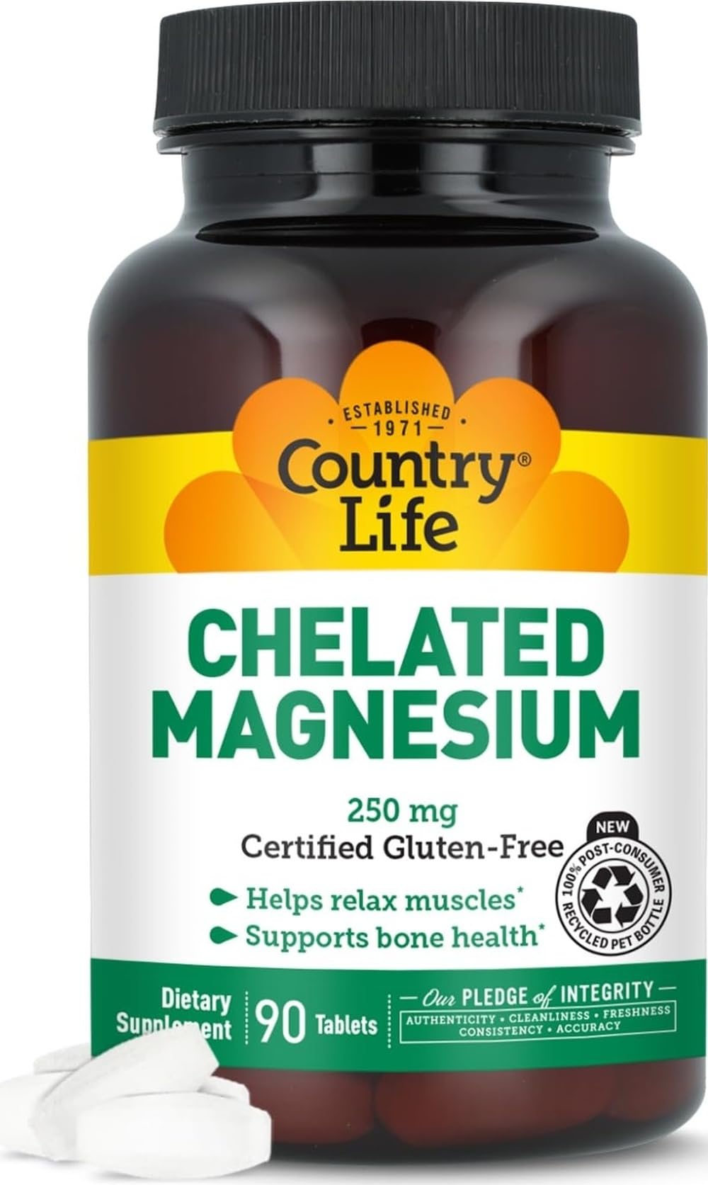 Country Life Chelated Magnesium 250 mg, Vegan, Gluten-Free, 90 Tablets Unflavored 90 Count (Pack of 1)
