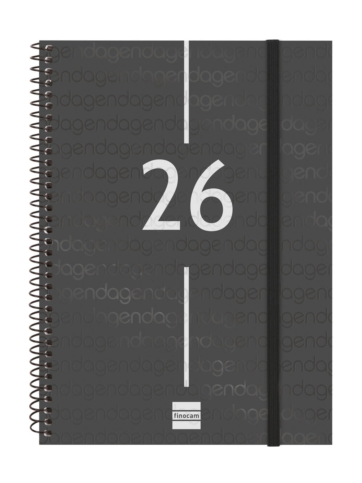 Finocam - Spiral Agenda 2026 Week to View Horizontal | January - December (12 months) | 2026 Yearly Agenda with Rubber | Polypropylene Cover Spiral Year - Black - Catalan