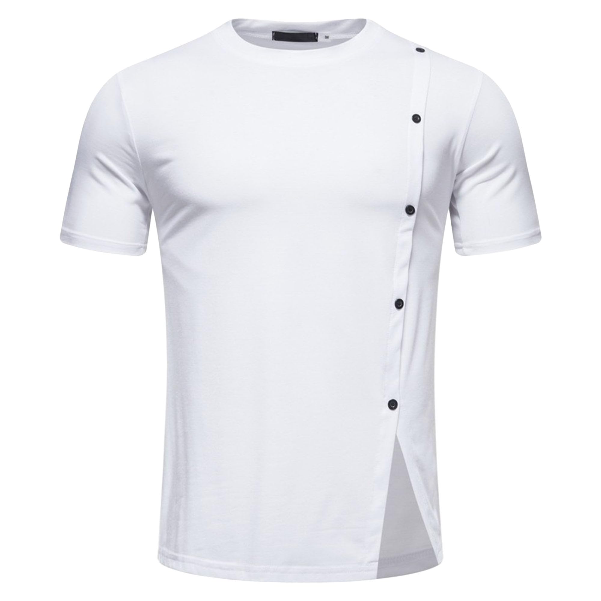 Men Split Hem Irregular Short Sleeve Shirt Crew Neck Button Decorate T Shirts Summer Trendy Fashion Simple Pullover (White,X-Large)