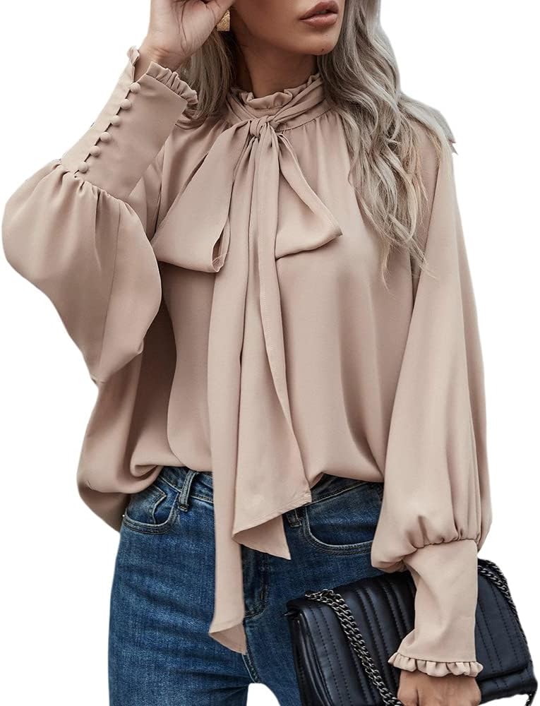 QANSI Womens Bow Tie Neck Chiffon Blouse Top Shirts Keyhole Back QANSI Womens Bow Tie Neck Chiffon Blouse Top Shirts Keyhole Back