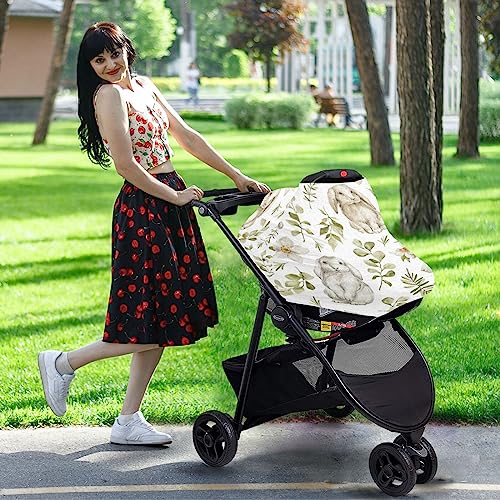 Image of Moudou Cute Rabbit Baby Car Seat Cover, Soft Stretchy Infant Carseat Canopy Cover Newborn Nursing Breastfeeding Cover for Stroller, High Chair, Shopping Cart