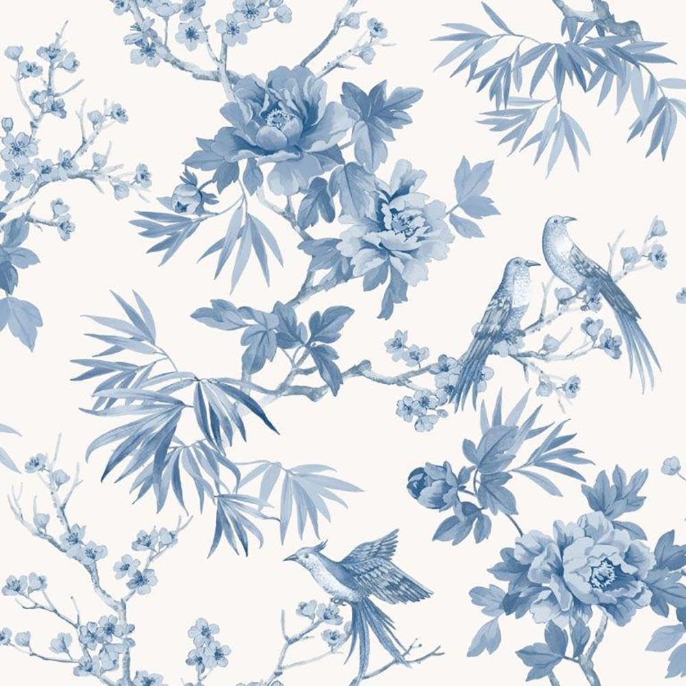 Chinoiserie Blue Floral Wallpaper - Flowers Botanical Birds Classic Traditional - Stylish Feature Wall