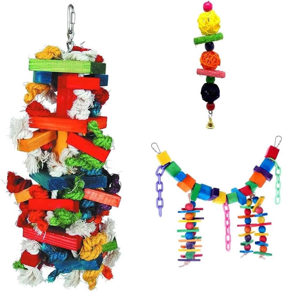 Bird Knots N Blocks Chew Toys for Large Parrot, Macaw Toys,Bird Swing Toys with Bells, Chew Toys with Colorful Loofah Balls, Parrot Cage Toys Set (3 Pack)