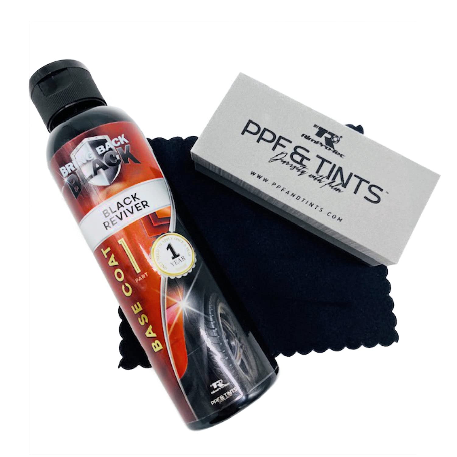 RimPro-Tec Bring Back to Black Plastic Restorer - Black Trim Restorer for Interior and Exterior use in Plastic & Rubber - Full Retail Kit Color Base Black Coat, Plus 1 x sponge and 4 x Cloths and BagB