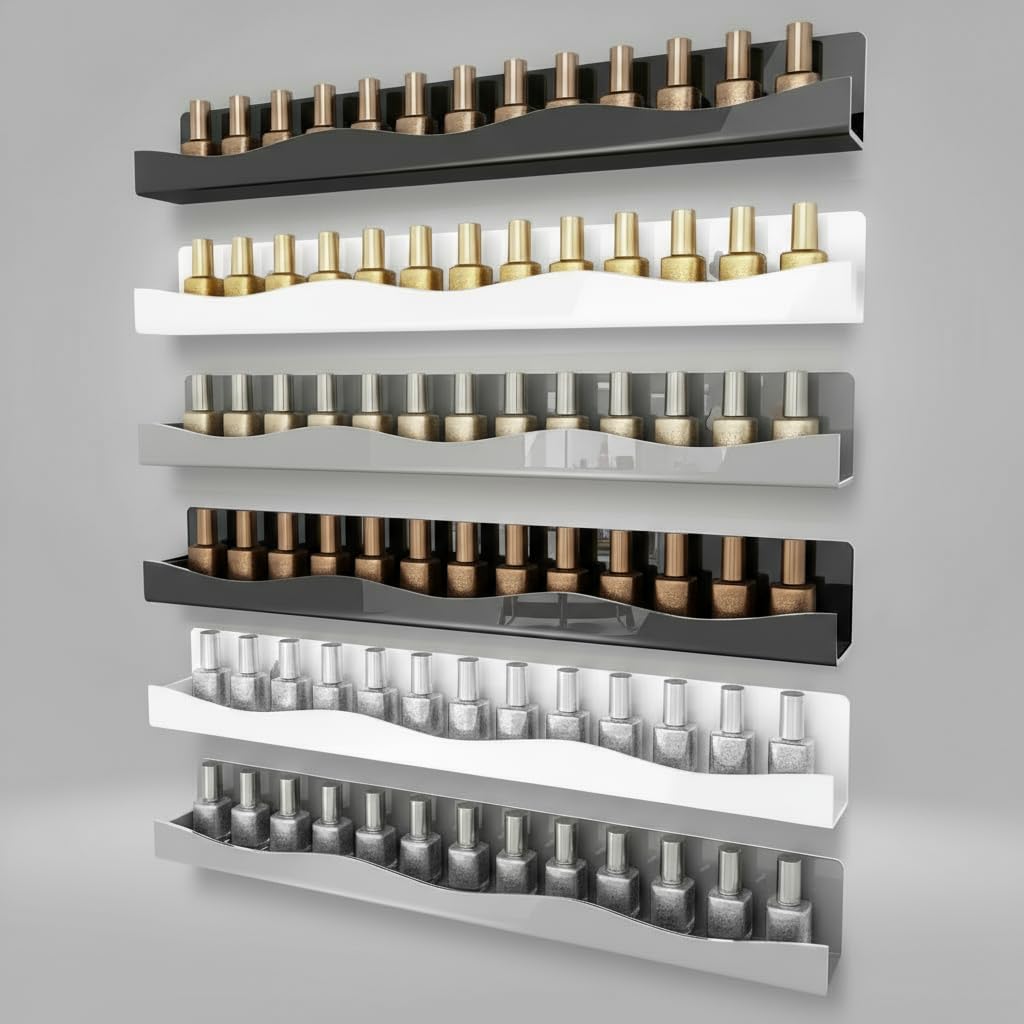 YMVV 3 Colors Nail Polish Wall Mounted Shelf,15 Inch White Gray Black Nail Polish Floating Shelves for 66-90 Bottles Multi-Purpose,Ideal Gift, Great Display for Salons Retailers,6 Pack