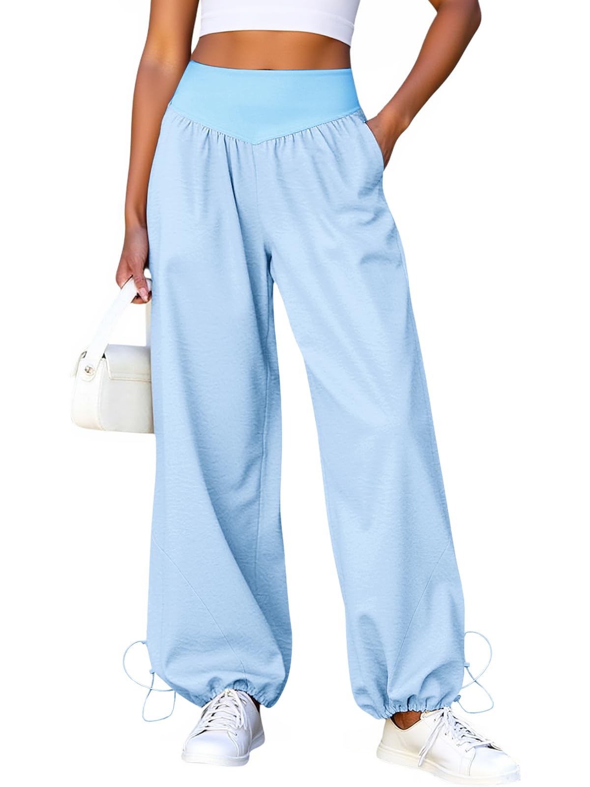 Fisoew Damen Hose mit weitem Bein Lässige Baggy Trainingshose mit hoher Taille Lounge Hose mit Taschen und Kordelzug am Saum