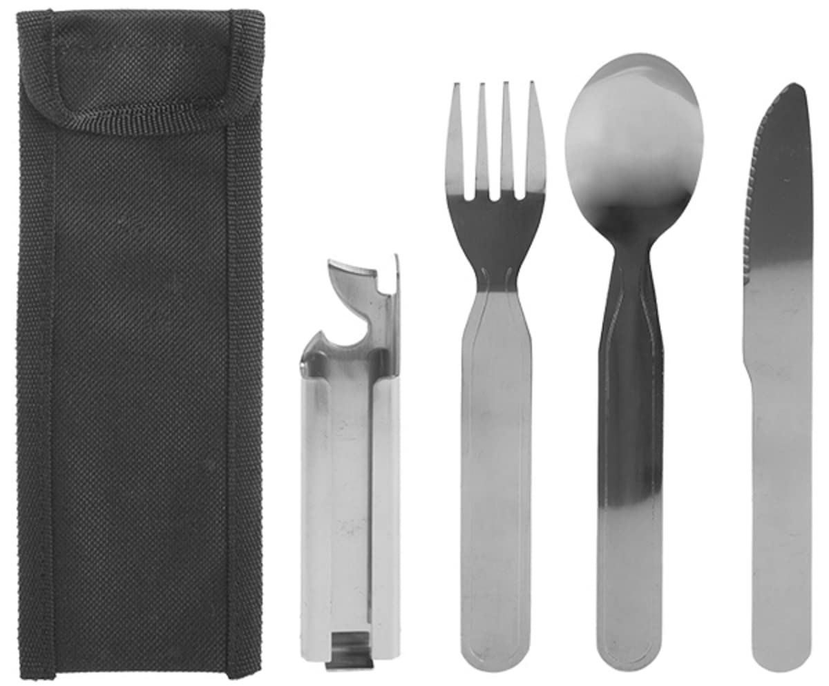 5 Piece Stainless Steel Camping Cutlery Set with Knife Fork & Spoon in Carry Pouch Holder