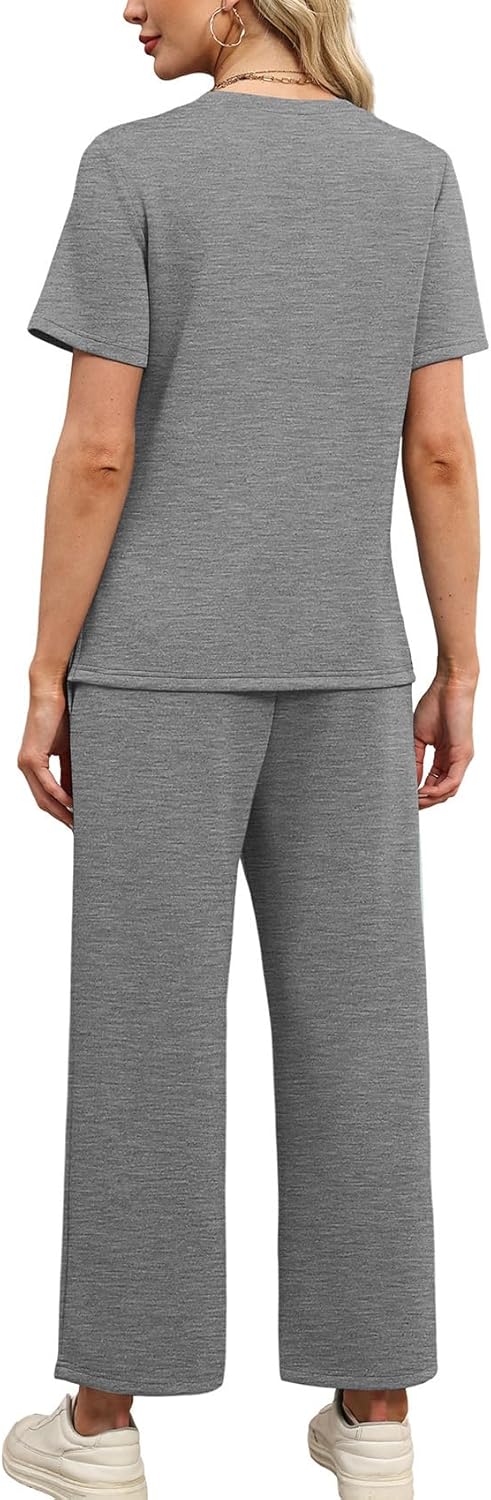 WIHOLL Two Piece Sets for Women Summer Spring Travel Vacation Outfits Short Sleeve Lounge Sets Side Slit Wide Leg Pants S-3XL - Image 5