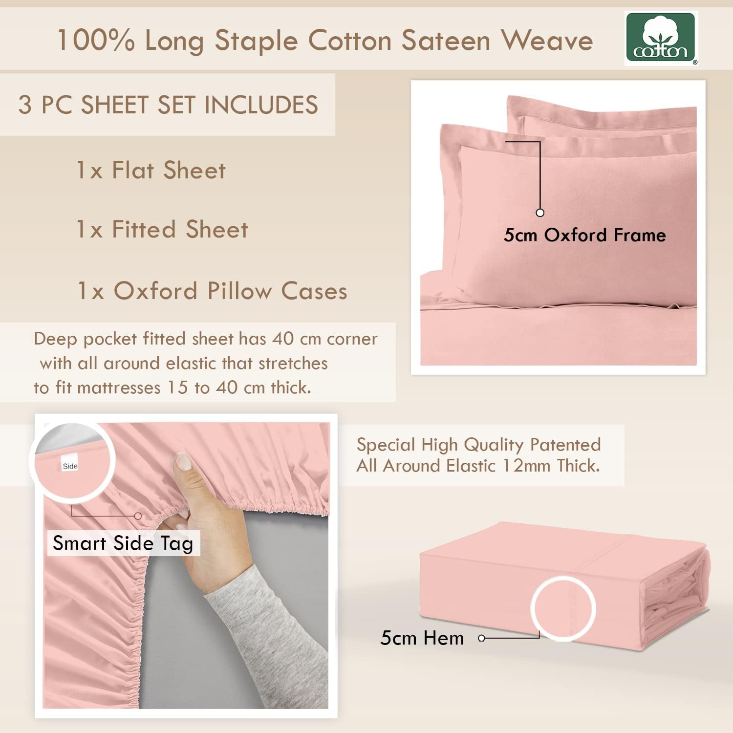 400 Thread Count Cotton Rose Pink SingleBedSheetSet, 100 Long
