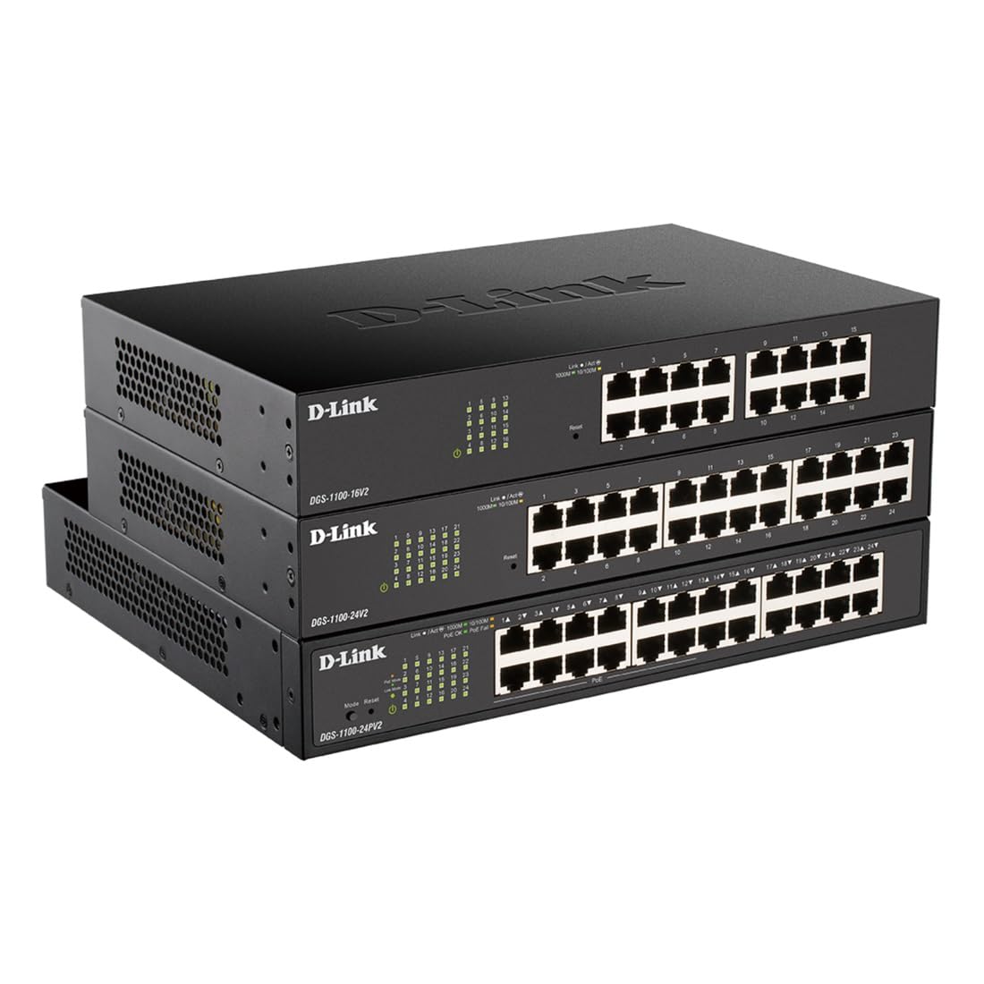D-Link DGS-1100-24V2, Switch Smart 24 puertos Gigabit, RJ-45, Gestión web, Layer 2, VLAN, sobremesa, sin ventilador, IGMP Snooping, VoIP VLAN, QoS, Seguridad red, montaje rack; sin ventilador, Green