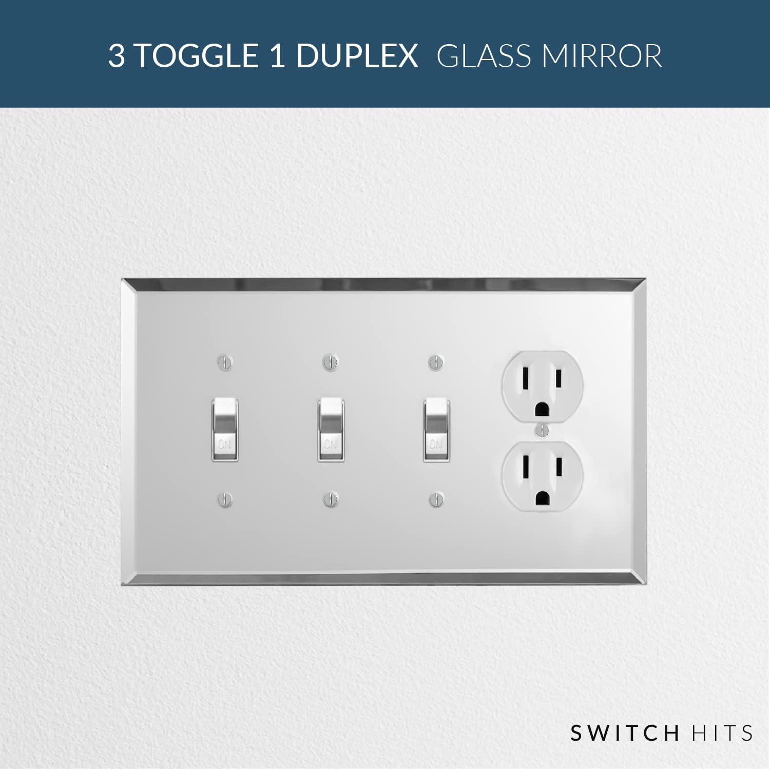 Switch Hits Plain Glass Mirror Outlet Wall Plate | 3 Toggle - Duplex| 9" x 5.25" | Professional Quality Glass Mirror Switch Plate Covers For All Configurations