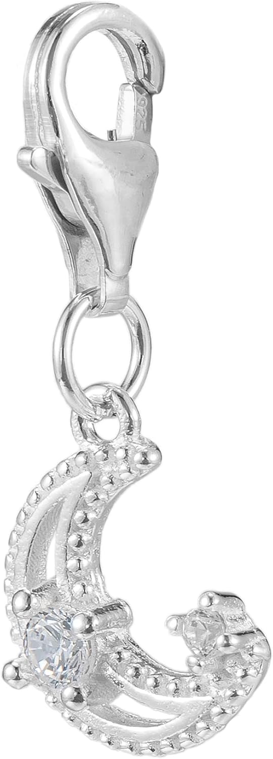 ZooWoo 925 Sterling Silver Celestial Charm: CZ Crescent Moon & Star Lobster Clasp Clip-On for Bracelets and Necklaces